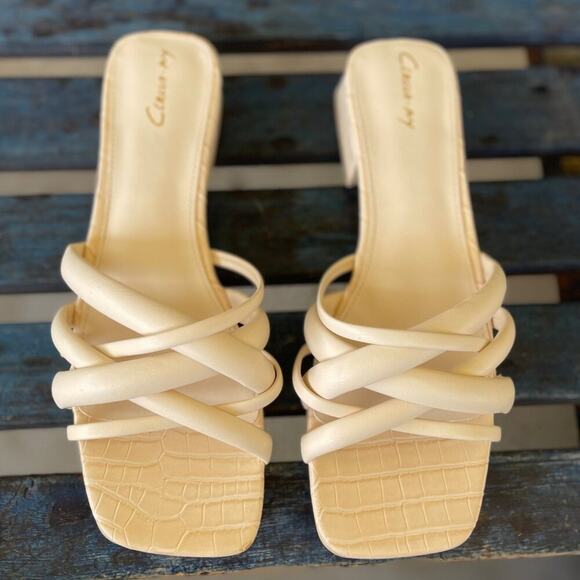 Circus by Sam Edelman Janessa Sandals 9.5 Cream Slip-On Strappy Square Toe Heels - Picture 5 of 8